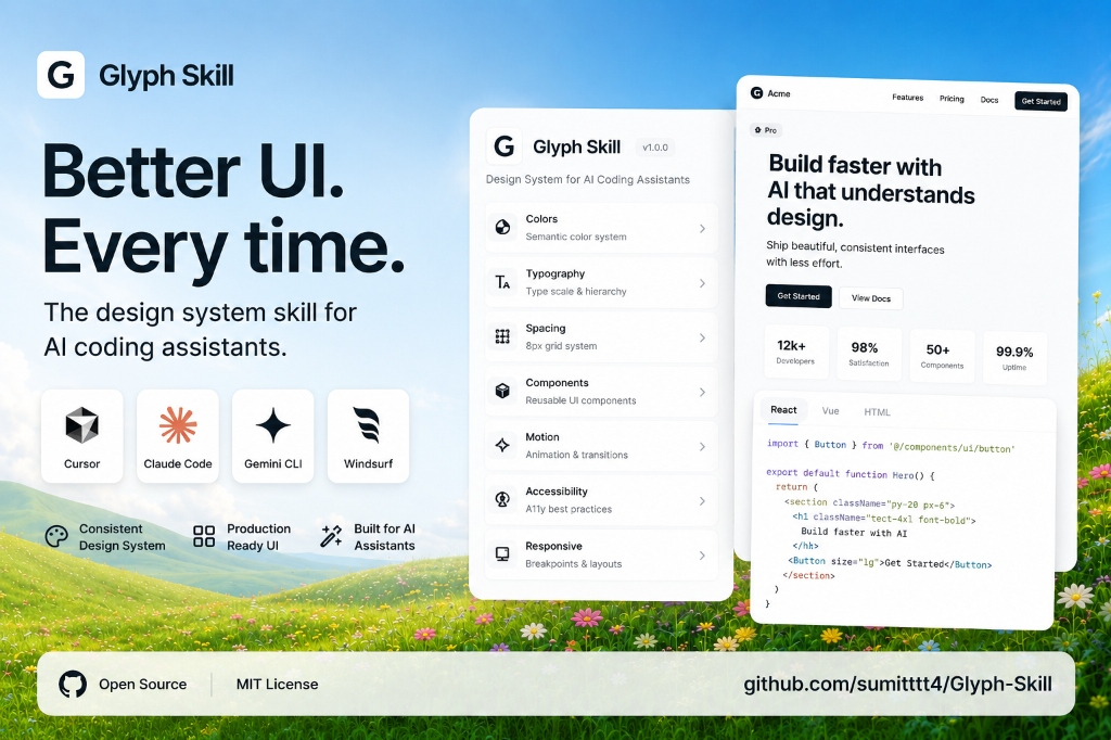 Screenshot of Glyph Site Generator showcasing high-fidelity developer UI layout.