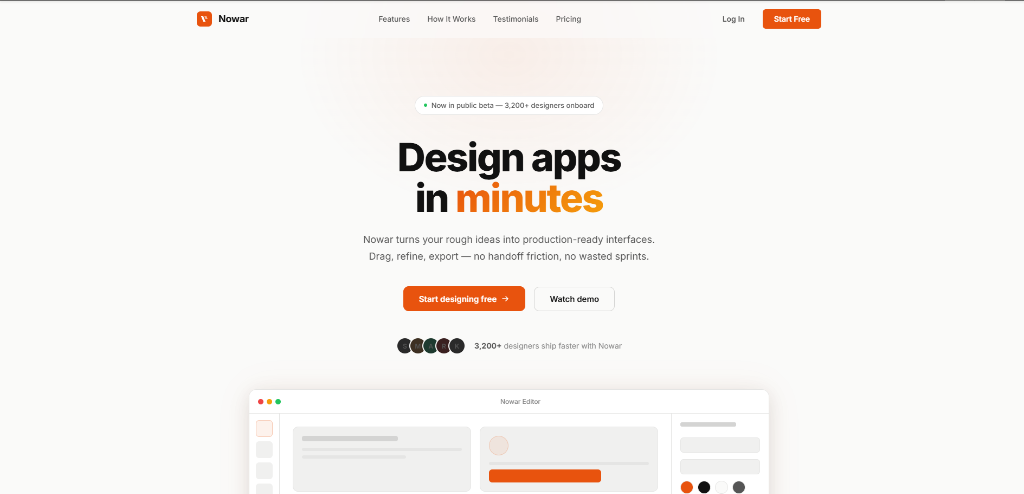 Screenshot of Nowar App Workspace showcasing high-fidelity developer UI layout.